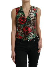 Load image into Gallery viewer, Dolce & Gabbana Brown Leopard Rose Silk Waistcoat Vest Top