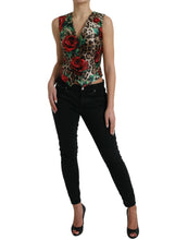 Load image into Gallery viewer, Dolce & Gabbana Brown Leopard Rose Silk Waistcoat Vest Top