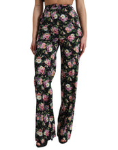 Load image into Gallery viewer, Dolce & Gabbana Black Floral Wool High Waist Wide Leg Pants