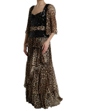 Load image into Gallery viewer, Dolce & Gabbana Brown Leopard Sequined Tiered Long Gown Dress