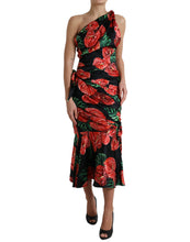 Load image into Gallery viewer, Dolce & Gabbana Black Shiny Silk Floral Print Draped Dress