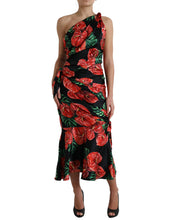 Load image into Gallery viewer, Dolce & Gabbana Black Shiny Silk Floral Print Draped Dress