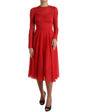 Load image into Gallery viewer, Dolce & Gabbana Red Silk Pleated Aline Long Sleeve Midi Dress