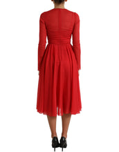 Load image into Gallery viewer, Dolce & Gabbana Red Silk Pleated Aline Long Sleeve Midi Dress