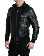 Load image into Gallery viewer, Dolce & Gabbana Black Leather Hooded Full Zip Logo Jacket