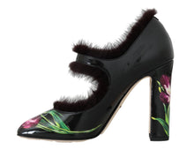 Load image into Gallery viewer, Dolce & Gabbana Black Purple Tulip Print Fur Mary Janes Pumps