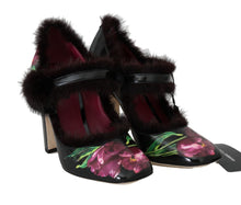 Load image into Gallery viewer, Dolce & Gabbana Black Purple Tulip Print Fur Mary Janes Pumps