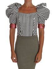 Load image into Gallery viewer, Dolce & Gabbana White Black Striped Cropped Top Puff Sleeve Shirts