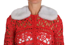 Load image into Gallery viewer, Dolce & Gabbana Elegant Red Crochet Knit Cardigan with Fur Collar