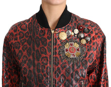 Load image into Gallery viewer, Dolce & Gabbana Red Leopard Bomber Leather Jacket with Crystal Buttons