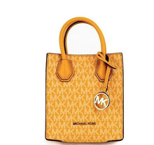 Load image into Gallery viewer, Michael Kors Mercer XS Honeycomb Gold Signature PVC North South Shopper Crossbody Bag