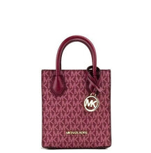 Load image into Gallery viewer, Michael Kors Mercer XS Mulberry Signature PVC North South Shopper Crossbody Bag