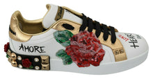 Load image into Gallery viewer, Dolce & Gabbana White Roses Sequined Crystal Womens Sneakers Shoes