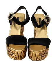 Load image into Gallery viewer, Dolce & Gabbana Black Gold Baroque Velvet Heels Crystal Shoes