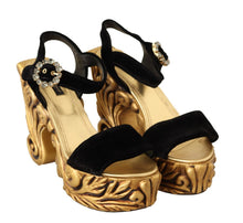 Load image into Gallery viewer, Dolce & Gabbana Black Gold Baroque Velvet Heels Crystal Shoes