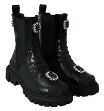Load image into Gallery viewer, Dolce & Gabbana Elegant Black Leather Combat Boots with Crystal Detail
