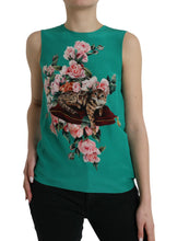 Load image into Gallery viewer, Dolce &amp; Gabbana Green Floral Cat Silk Round Neck Tank Top
