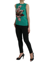 Load image into Gallery viewer, Dolce &amp; Gabbana Green Floral Cat Silk Round Neck Tank Top
