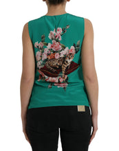 Load image into Gallery viewer, Dolce &amp; Gabbana Green Floral Cat Silk Round Neck Tank Top
