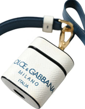 Load image into Gallery viewer, Dolce &amp; Gabbana White Blue Calf Leather Logo Print Strap Airpods Case
