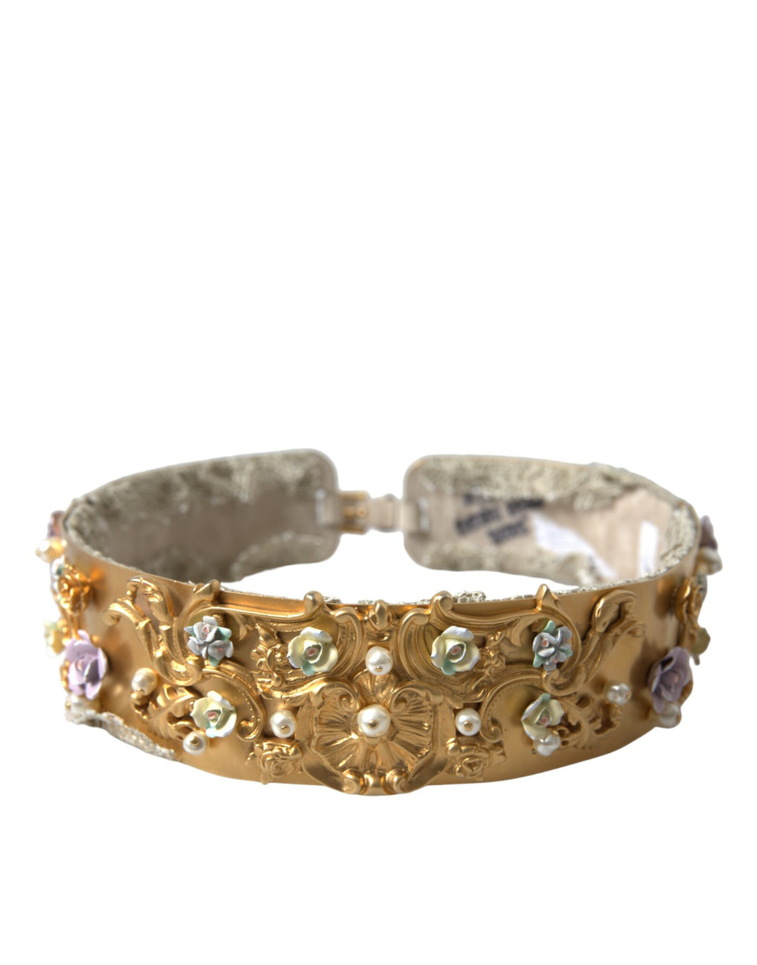 Dolce & Gabbana Gold Brass Faux Pearl Floral Embellished Belt