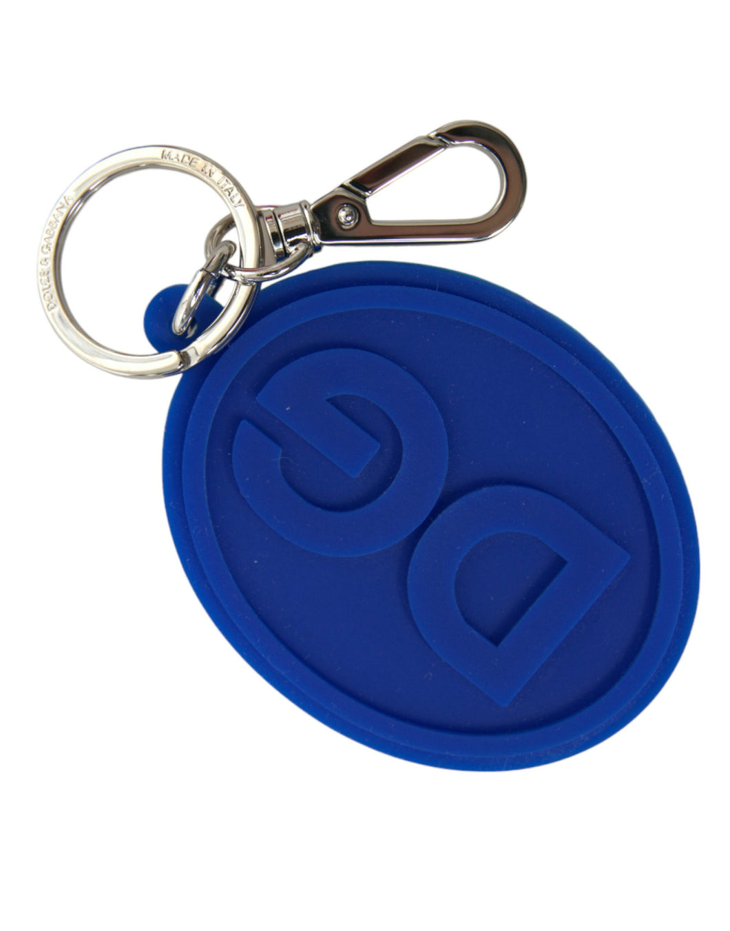 Dolce & Gabbana Blue Rubber DG Logo Silver Brass Metal Keyring Keychain