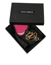 Load image into Gallery viewer, Dolce &amp; Gabbana Pink Black Heart Leather Gold Tone Brass Keyring Keychain
