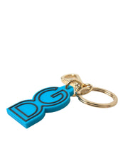 Load image into Gallery viewer, Dolce &amp; Gabbana Blue Rubber Gold Tone Metal DG Logo Keyring Keychain
