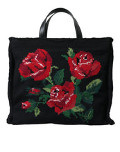 Load image into Gallery viewer, Dolce &amp; Gabbana Black Cashmere Rose Embroidery Shopping Tote Bag
