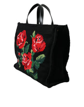 Load image into Gallery viewer, Dolce &amp; Gabbana Black Cashmere Rose Embroidery Shopping Tote Bag
