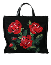 Load image into Gallery viewer, Dolce &amp; Gabbana Black Cashmere Rose Embroidery Shopping Tote Bag
