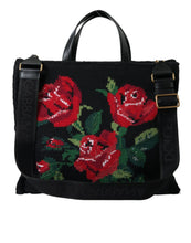 Load image into Gallery viewer, Dolce &amp; Gabbana Black Cashmere Rose Embroidery Shopping Tote Bag
