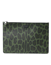 Load image into Gallery viewer, Dolce &amp; Gabbana Green Logo Patch Leopard Leather Clutch Bag
