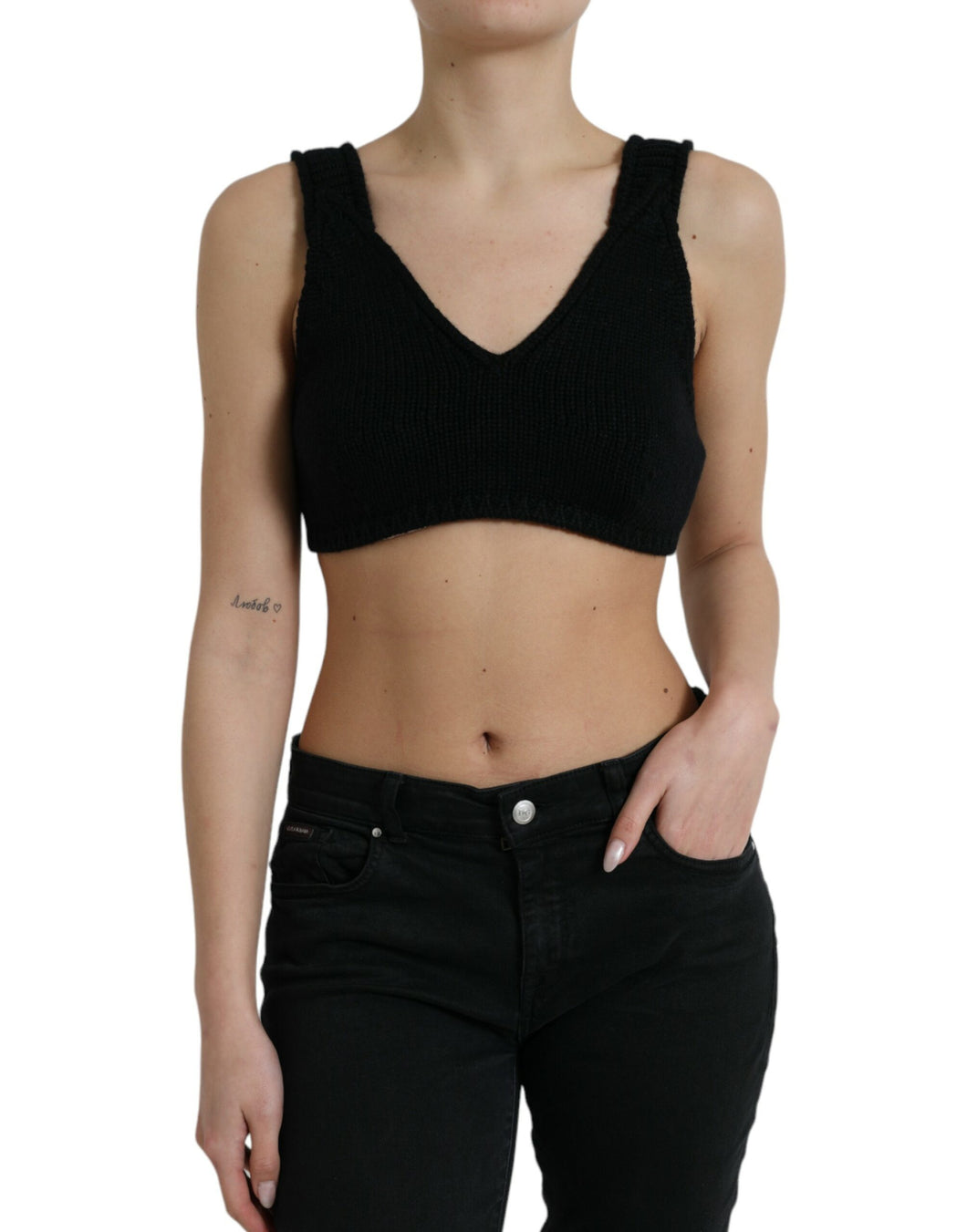 Dolce & Gabbana Black Cropped Cashmere V-neck Bustier Top