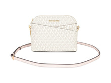 Load image into Gallery viewer, Michael Kors Jet Set Travel Medium Leather X Cross Dome Crossbody Handbag (Vanilla Signature/Powder Blush)
