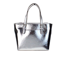 Load image into Gallery viewer, Michael Kors Jet Set Silver Metallic XS Carryall Top Zip Tote Bag Purse
