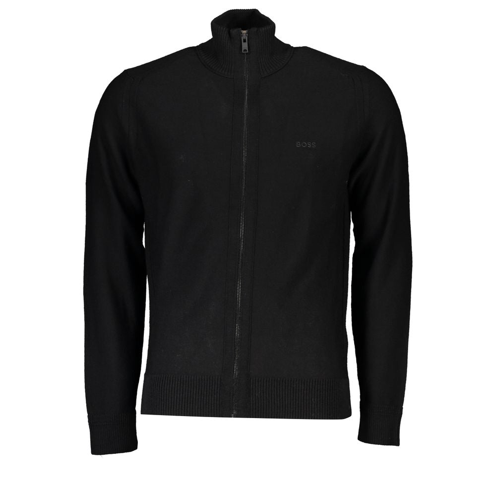 Hugo Boss Sleek Black Wool Blend Cardigan with Embroidered Logo