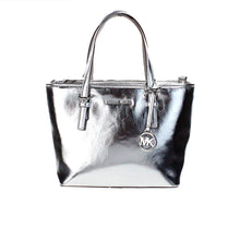 Load image into Gallery viewer, Michael Kors Jet Set Silver Metallic XS Carryall Top Zip Tote Bag Purse
