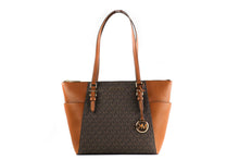 Load image into Gallery viewer, Michael Kors Charlotte Signature Leather Large Top Zip Tote Handbag Bag (Brown)
