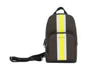 Load image into Gallery viewer, Michael Kors Cooper Medium Signature PVC Varsity Stripe Commuter Slingpack Crossbody Bag (Brown Signature/Neon)
