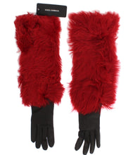 Load image into Gallery viewer, Dolce &amp; Gabbana Brown Leather Red Fur Elbow Gloves
