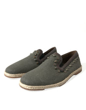 Load image into Gallery viewer, Dolce &amp; Gabbana Gray Linen Leather Studded Loafers Shoes
