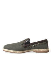 Load image into Gallery viewer, Dolce &amp; Gabbana Gray Linen Leather Studded Loafers Shoes
