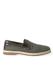 Load image into Gallery viewer, Dolce &amp; Gabbana Gray Linen Leather Studded Loafers Shoes
