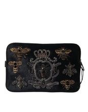 Load image into Gallery viewer, Dolce &amp; Gabbana Black Calfskin Leather Bee Embellished Clutch Bag
