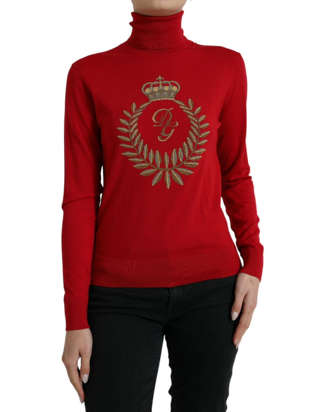 Dolce & Gabbana Red Intarsia Wool Turtleneck Pullover Sweater