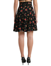 Load image into Gallery viewer, Dolce &amp; Gabbana Black Rose Print High Waist A-line Mini Skirt
