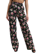 Load image into Gallery viewer, Dolce &amp; Gabbana Black Floral Wool High Waist Wide Leg Pants
