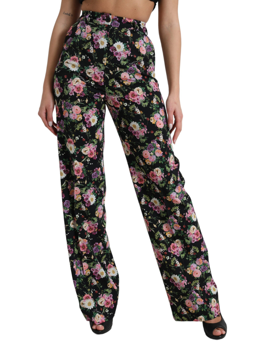 Dolce & Gabbana Black Floral Wool High Waist Wide Leg Pants