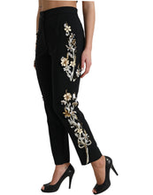 Load image into Gallery viewer, Dolce &amp; Gabbana Black Floral Applique High Waist Tapered Pants
